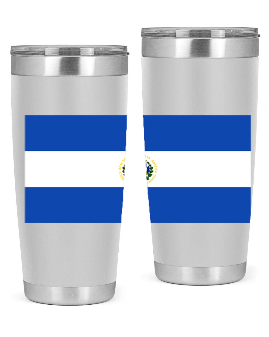 El Salvador 145# Tumbler featuring a vibrant design, double wall vacuum stainless steel construction, and a drink-thru lid.