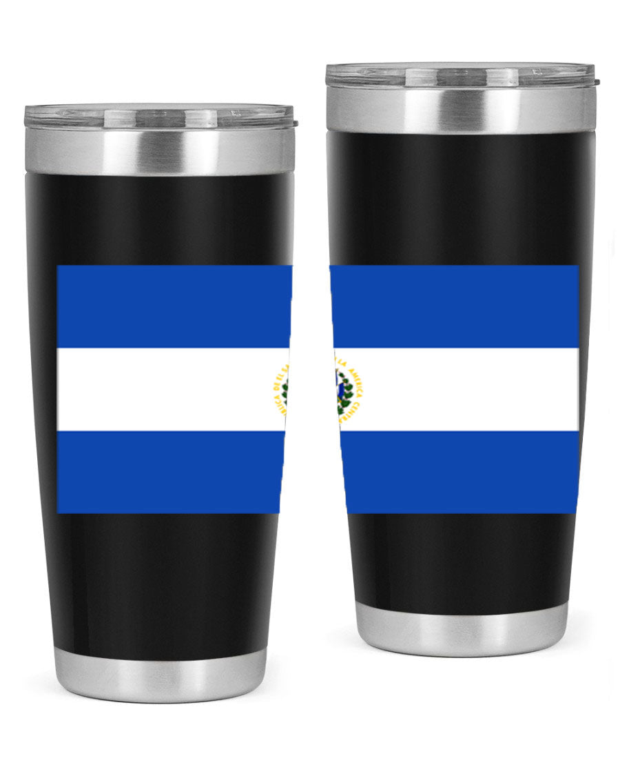 El Salvador 145# Tumbler featuring a vibrant design, double wall vacuum stainless steel construction, and a drink-thru lid.