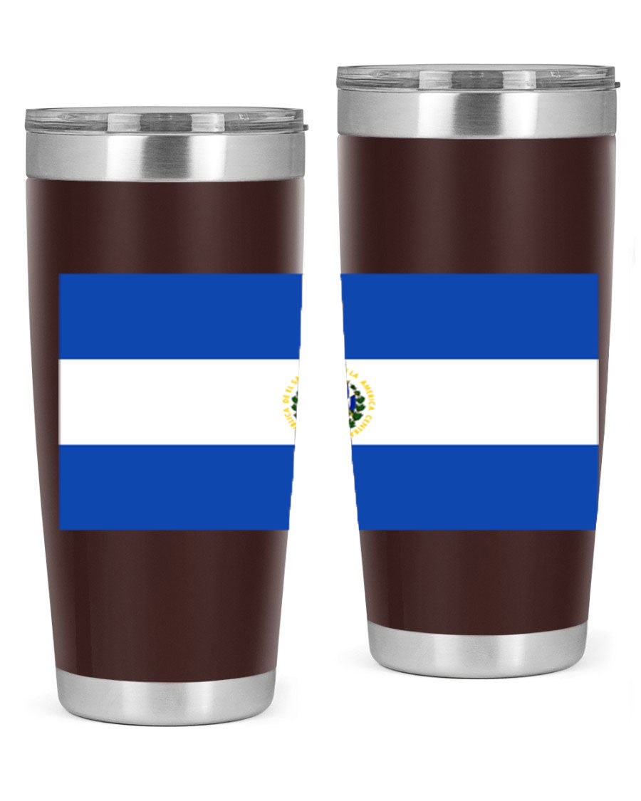 El Salvador 145# Tumbler featuring a vibrant design, double wall vacuum stainless steel construction, and a drink-thru lid.