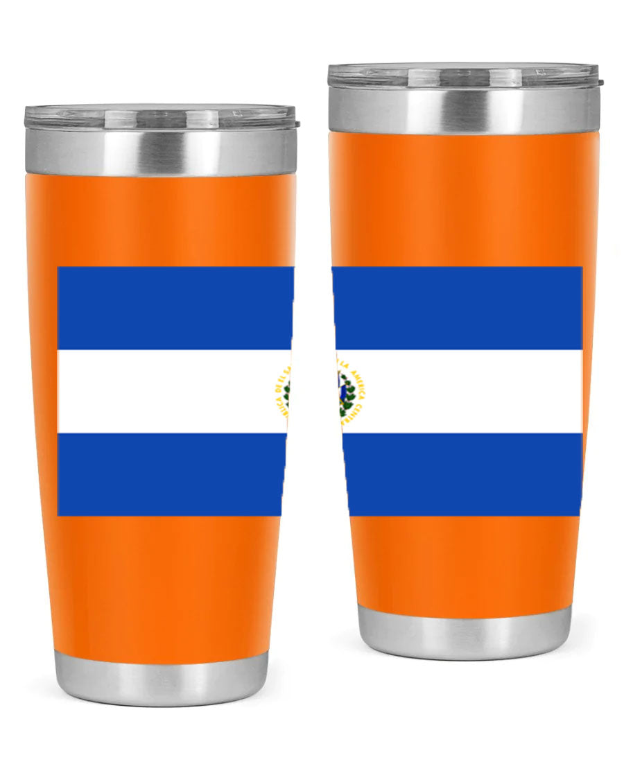 El Salvador 145# Tumbler featuring a vibrant design, double wall vacuum stainless steel construction, and a drink-thru lid.