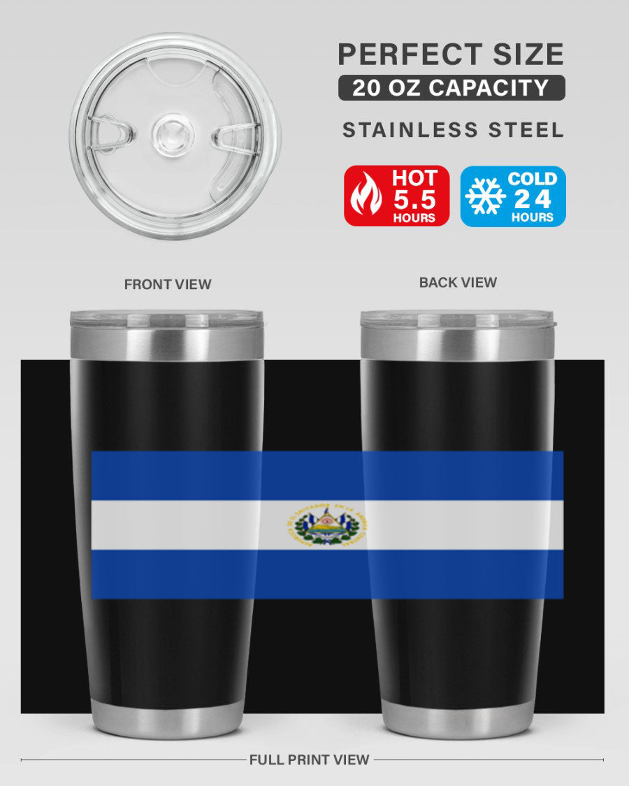 El Salvador 145# Tumbler featuring a vibrant design, double wall vacuum stainless steel construction, and a drink-thru lid.