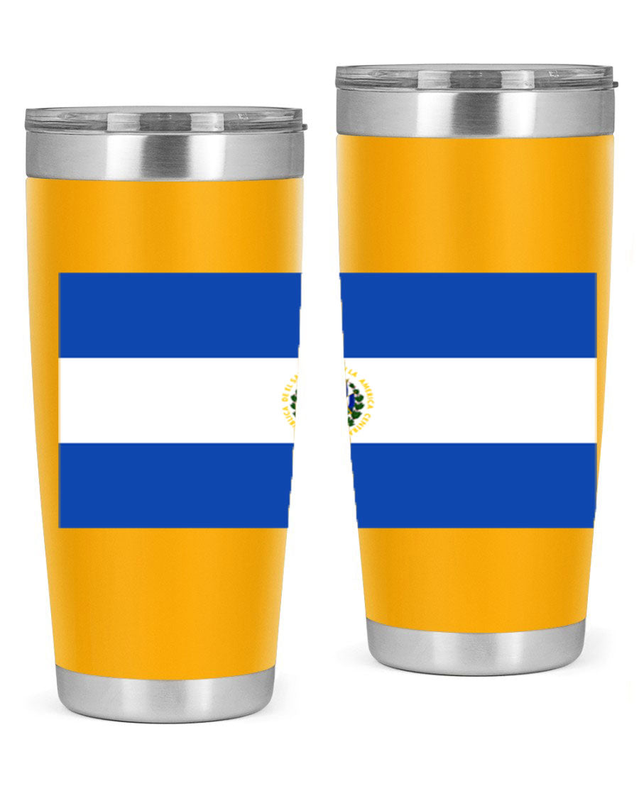 El Salvador 145# Tumbler featuring a vibrant design, double wall vacuum stainless steel construction, and a drink-thru lid.