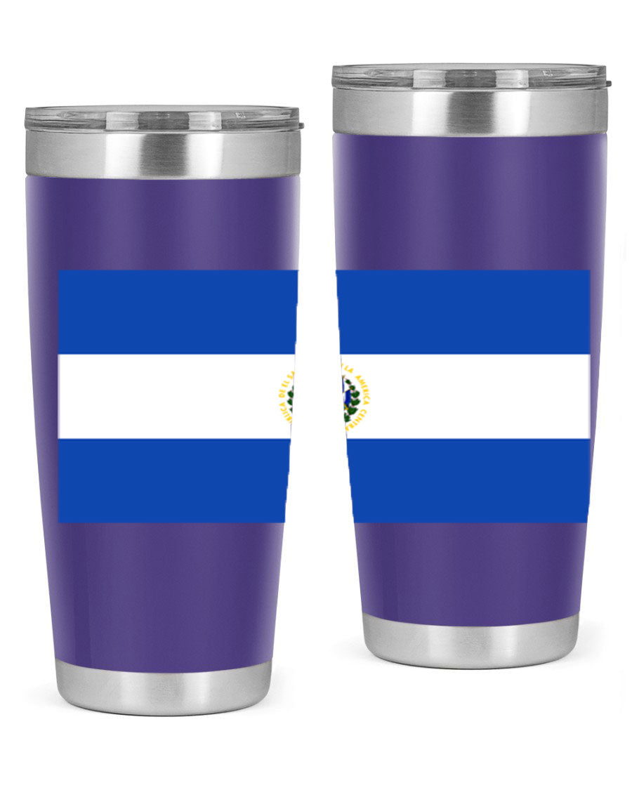 El Salvador 145# Tumbler featuring a vibrant design, double wall vacuum stainless steel construction, and a drink-thru lid.