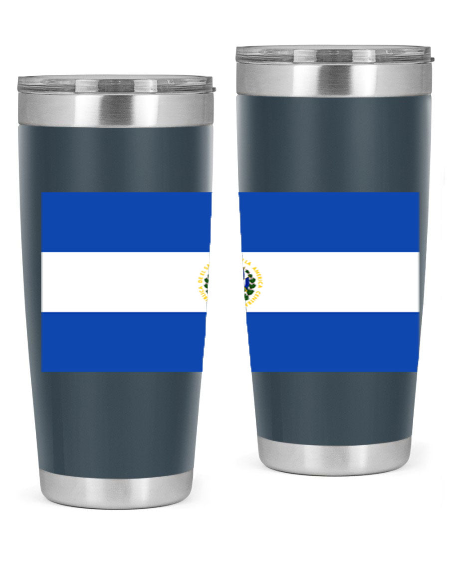 El Salvador 145# Tumbler featuring a vibrant design, double wall vacuum stainless steel construction, and a drink-thru lid.