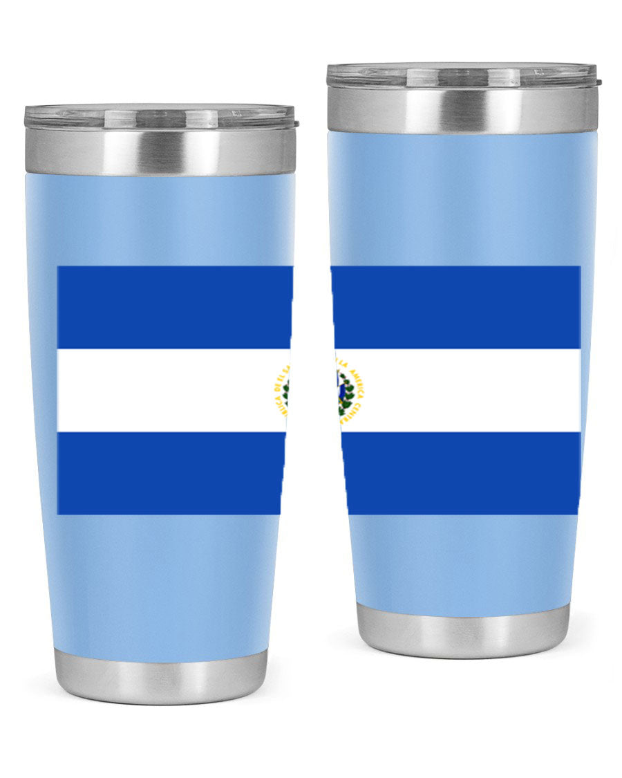 El Salvador 145# Tumbler featuring a vibrant design, double wall vacuum stainless steel construction, and a drink-thru lid.
