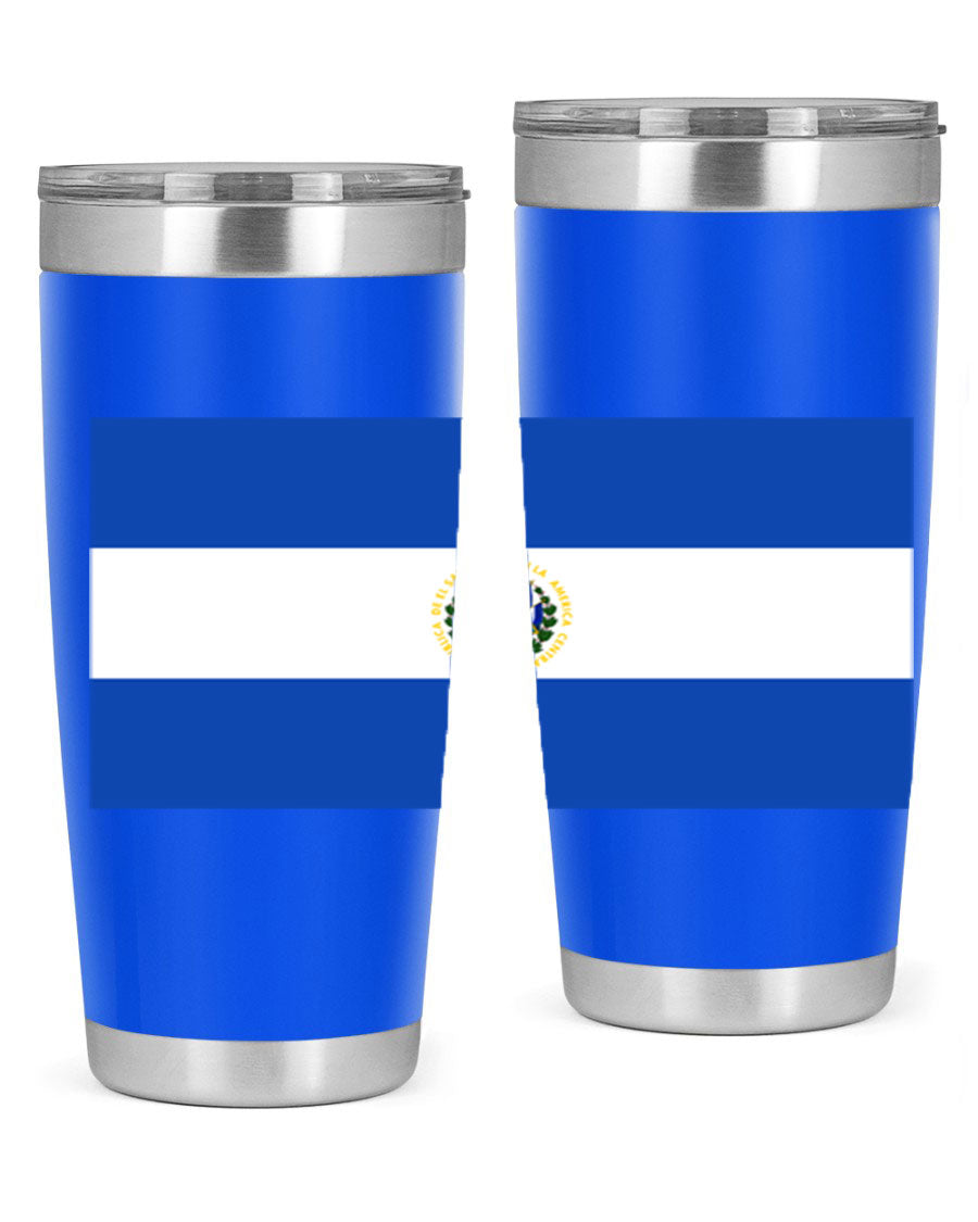 El Salvador 145# Tumbler featuring a vibrant design, double wall vacuum stainless steel construction, and a drink-thru lid.