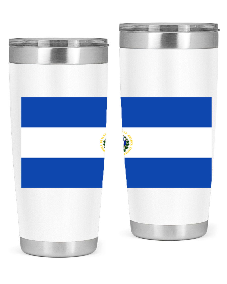 El Salvador 145# Tumbler featuring a vibrant design, double wall vacuum stainless steel construction, and a drink-thru lid.
