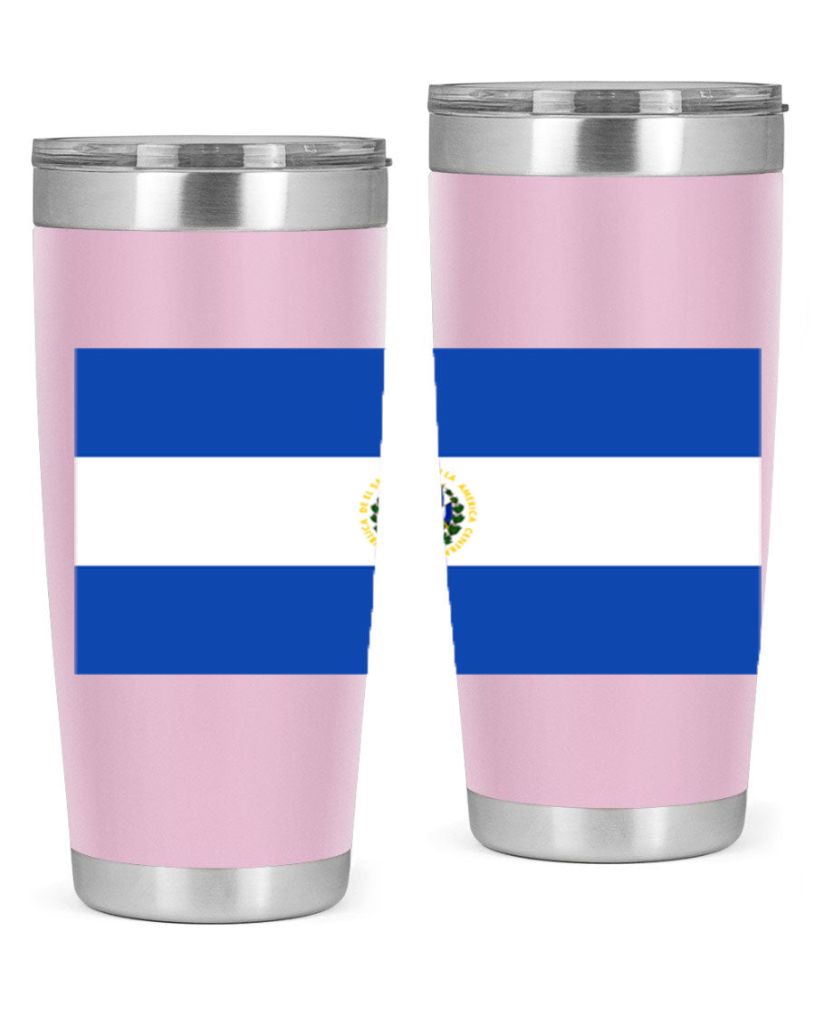 El Salvador 145# Tumbler featuring a vibrant design, double wall vacuum stainless steel construction, and a drink-thru lid.