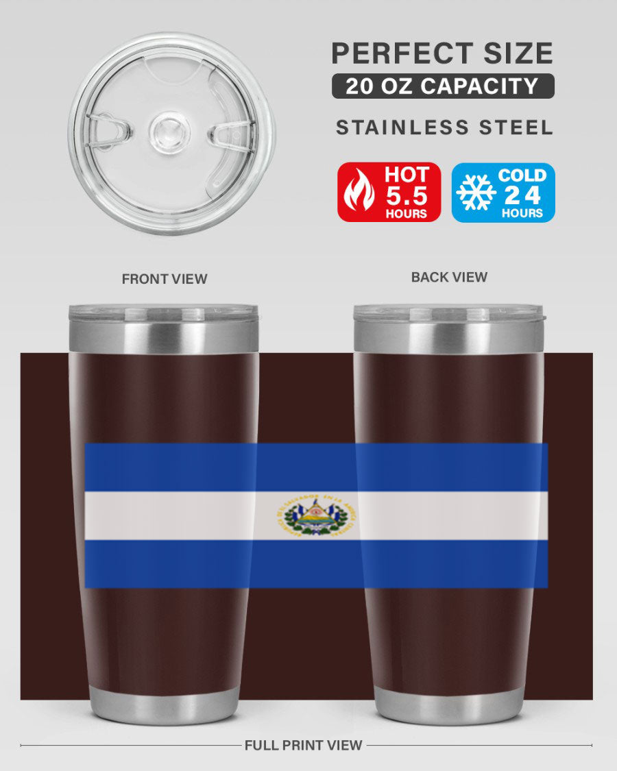 El Salvador 145# Tumbler featuring a vibrant design, double wall vacuum stainless steel construction, and a drink-thru lid.