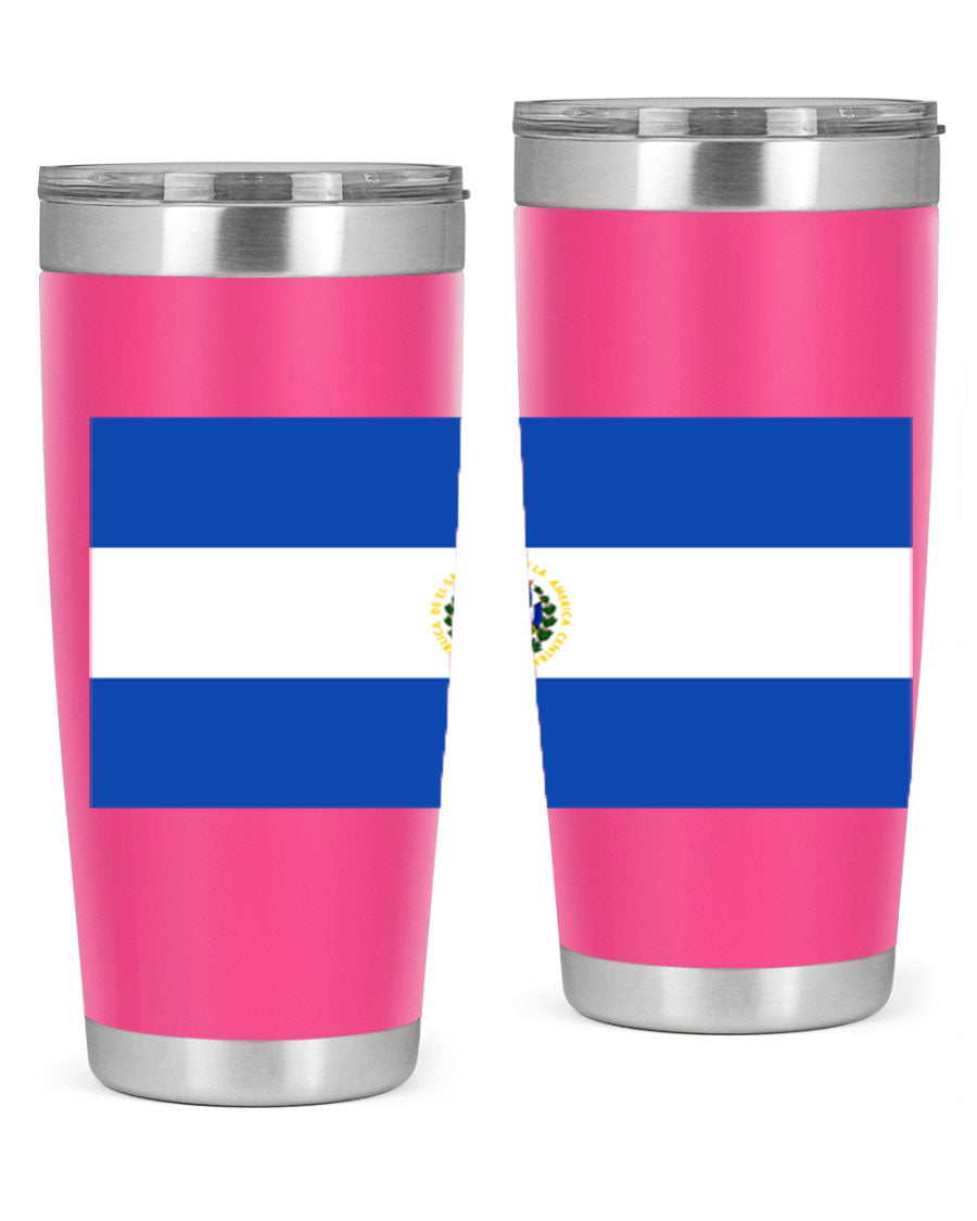 El Salvador 145# Tumbler featuring a vibrant design, double wall vacuum stainless steel construction, and a drink-thru lid.