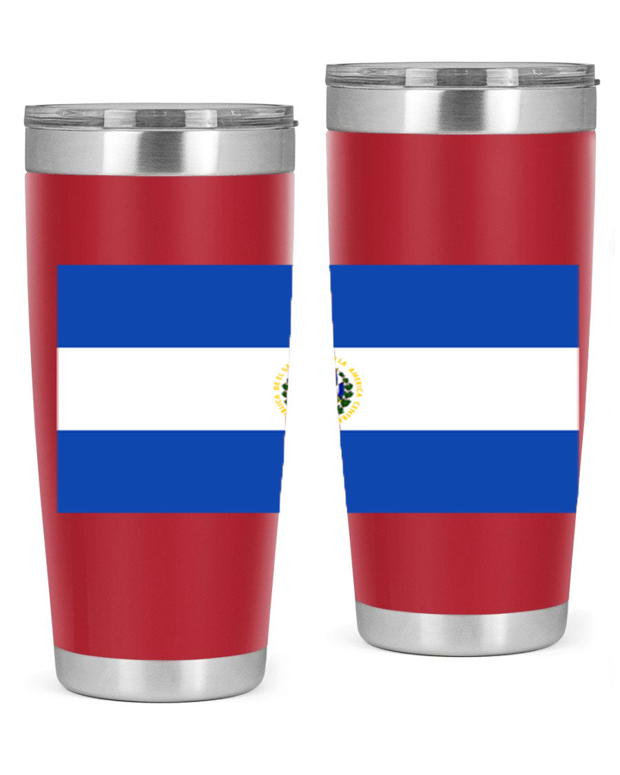 El Salvador 145# Tumbler featuring a vibrant design, double wall vacuum stainless steel construction, and a drink-thru lid.