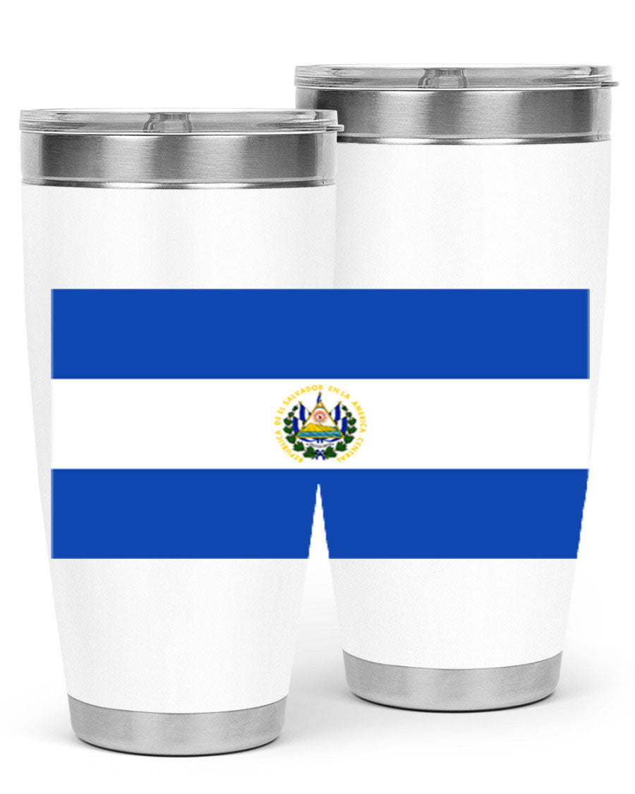 El Salvador 145# Tumbler featuring a vibrant design, double wall vacuum stainless steel construction, and a drink-thru lid.