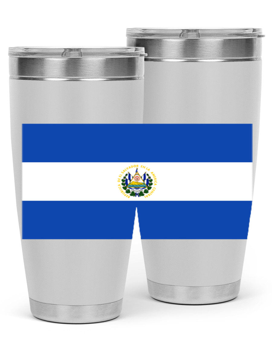 El Salvador 145# Tumbler featuring a vibrant design, double wall vacuum stainless steel construction, and a drink-thru lid.