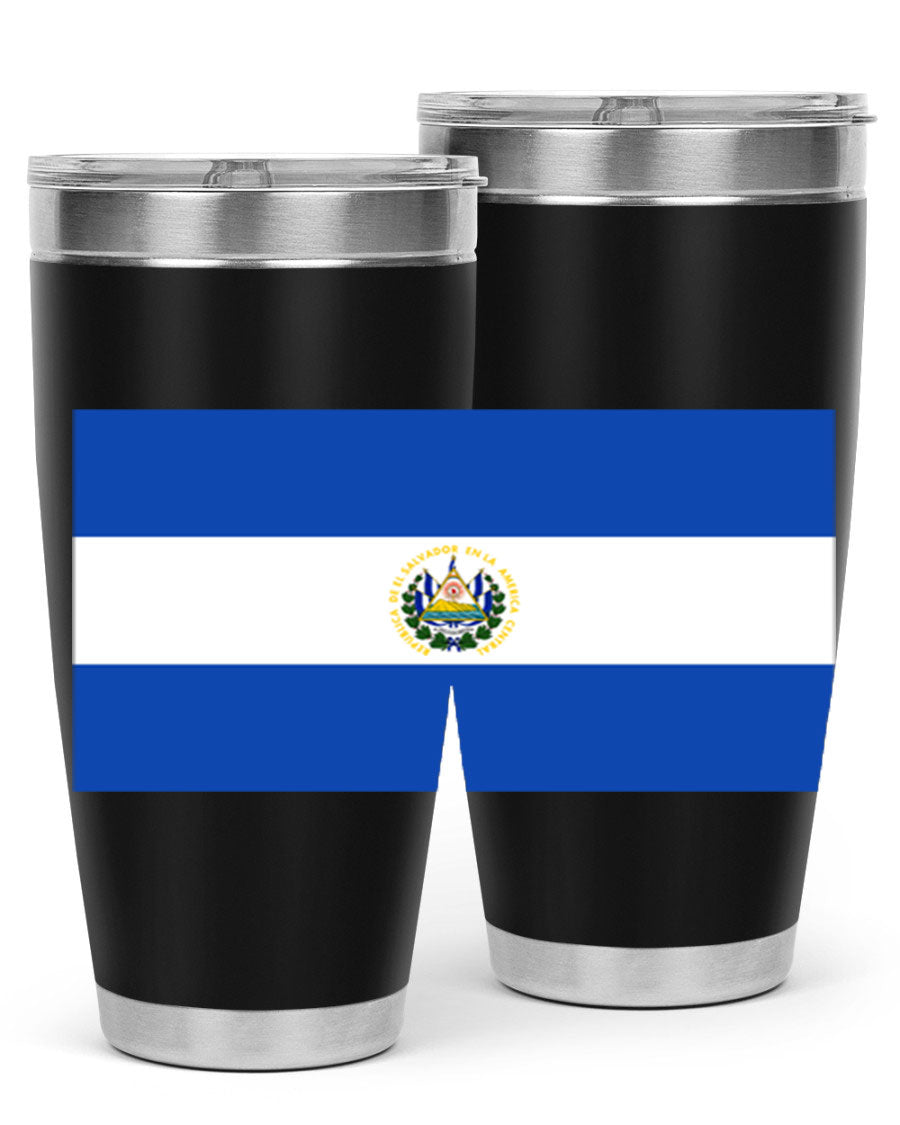 El Salvador 145# Tumbler featuring a vibrant design, double wall vacuum stainless steel construction, and a drink-thru lid.