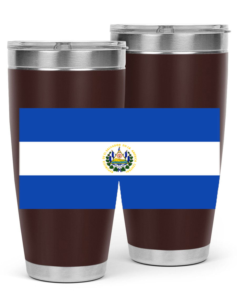 El Salvador 145# Tumbler featuring a vibrant design, double wall vacuum stainless steel construction, and a drink-thru lid.
