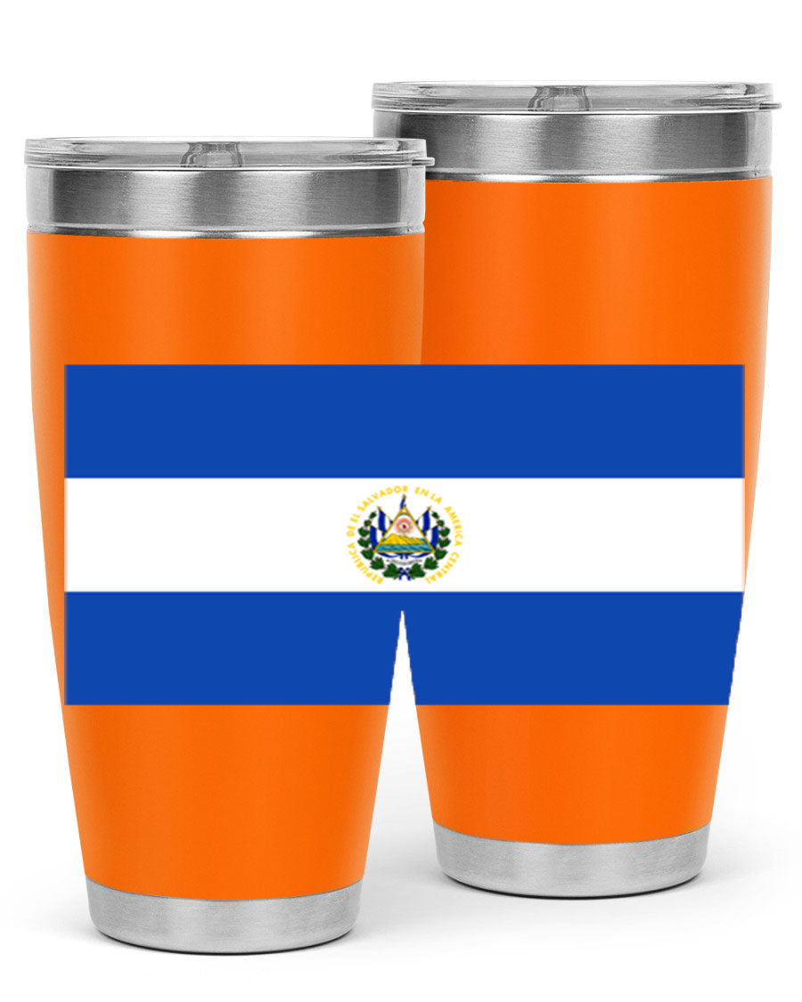 El Salvador 145# Tumbler featuring a vibrant design, double wall vacuum stainless steel construction, and a drink-thru lid.