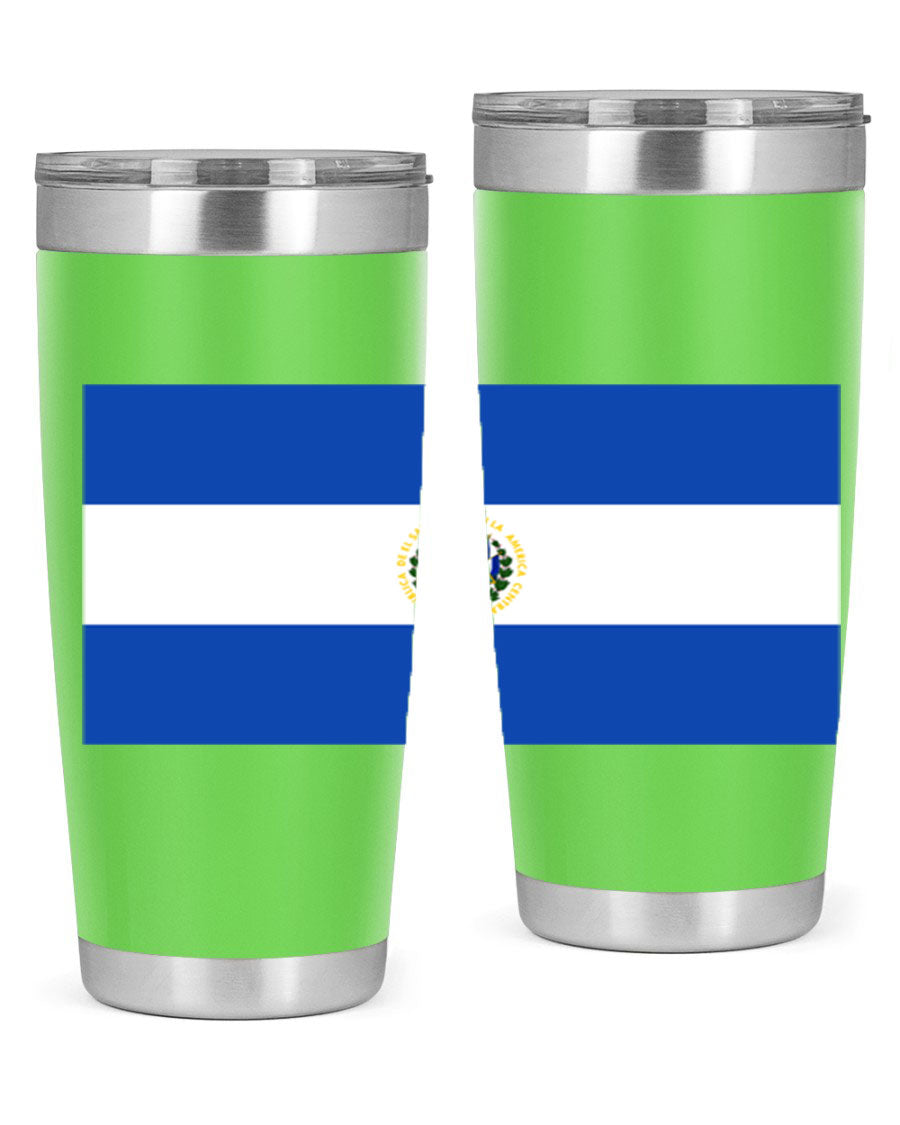 El Salvador 145# Tumbler featuring a vibrant design, double wall vacuum stainless steel construction, and a drink-thru lid.