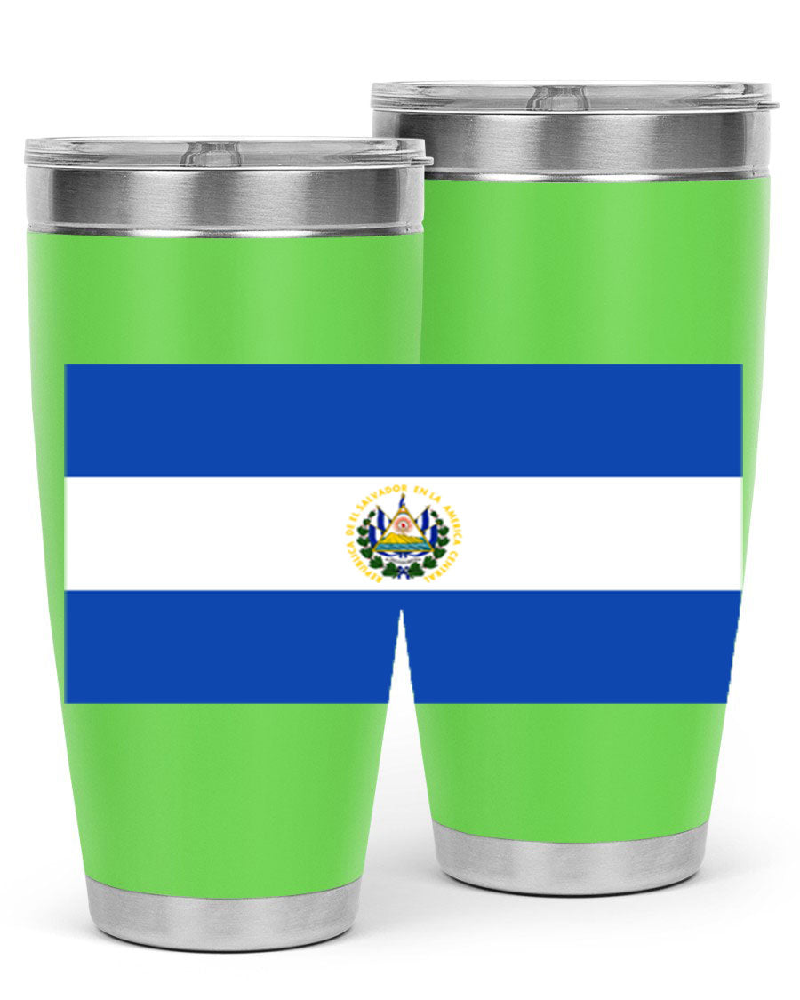 El Salvador 145# Tumbler featuring a vibrant design, double wall vacuum stainless steel construction, and a drink-thru lid.