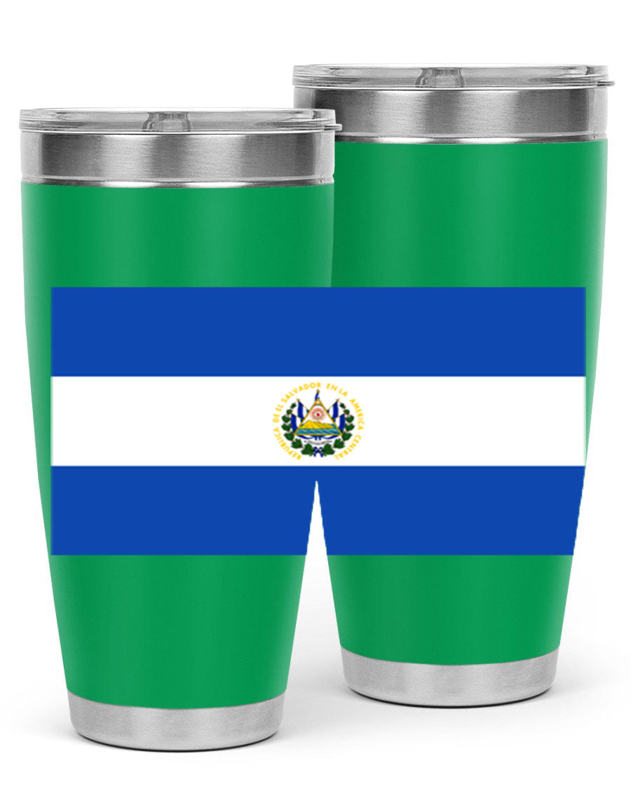 El Salvador 145# Tumbler featuring a vibrant design, double wall vacuum stainless steel construction, and a drink-thru lid.