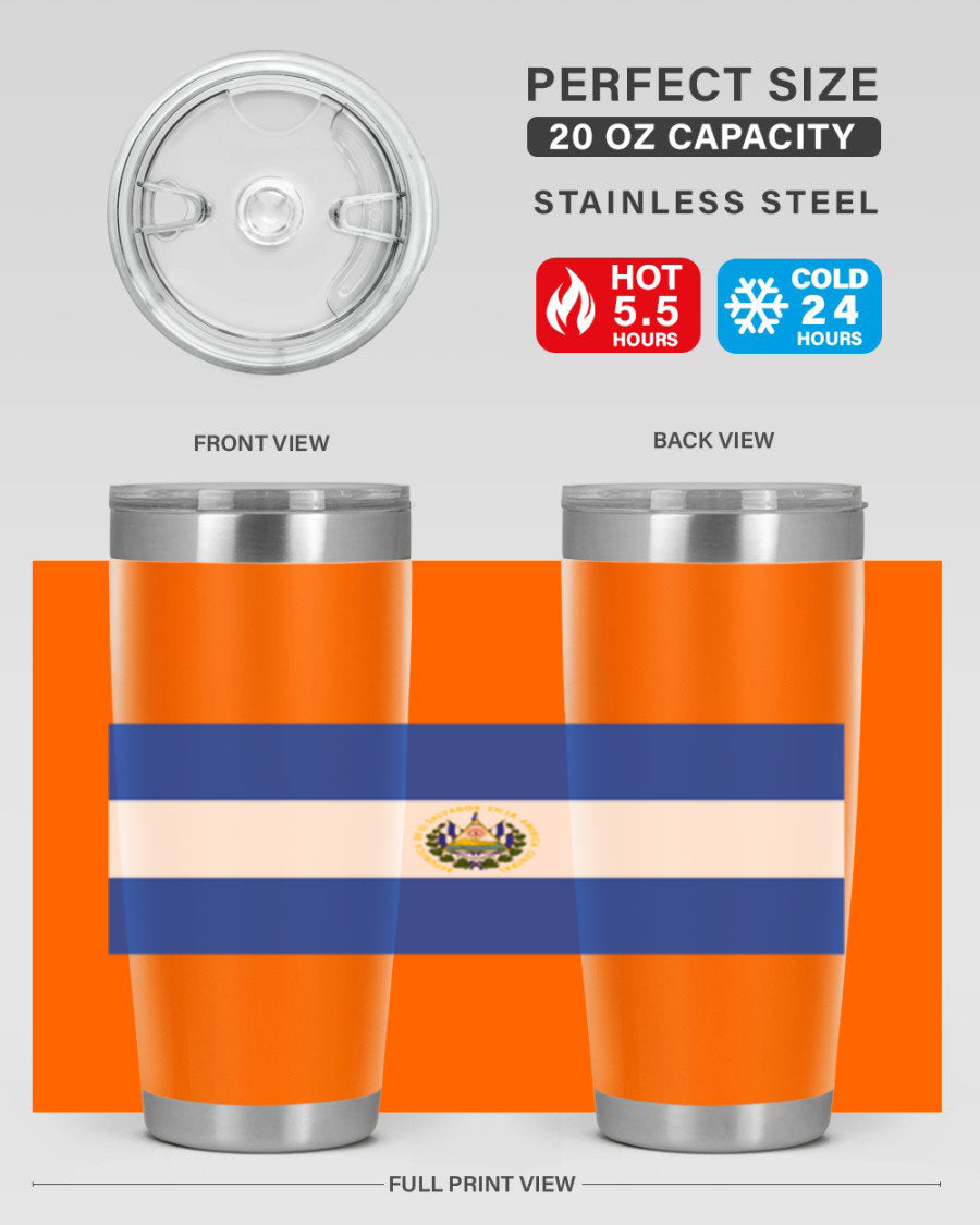 El Salvador 145# Tumbler featuring a vibrant design, double wall vacuum stainless steel construction, and a drink-thru lid.