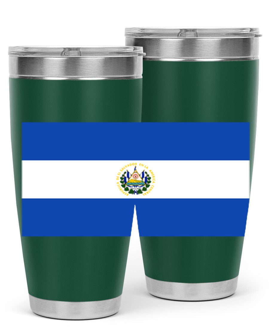 El Salvador 145# Tumbler featuring a vibrant design, double wall vacuum stainless steel construction, and a drink-thru lid.