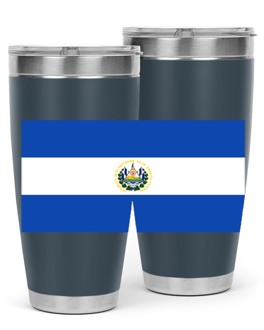 El Salvador 145# Tumbler featuring a vibrant design, double wall vacuum stainless steel construction, and a drink-thru lid.