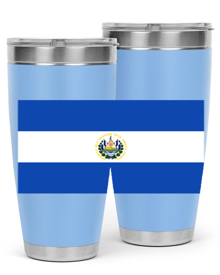 El Salvador 145# Tumbler featuring a vibrant design, double wall vacuum stainless steel construction, and a drink-thru lid.
