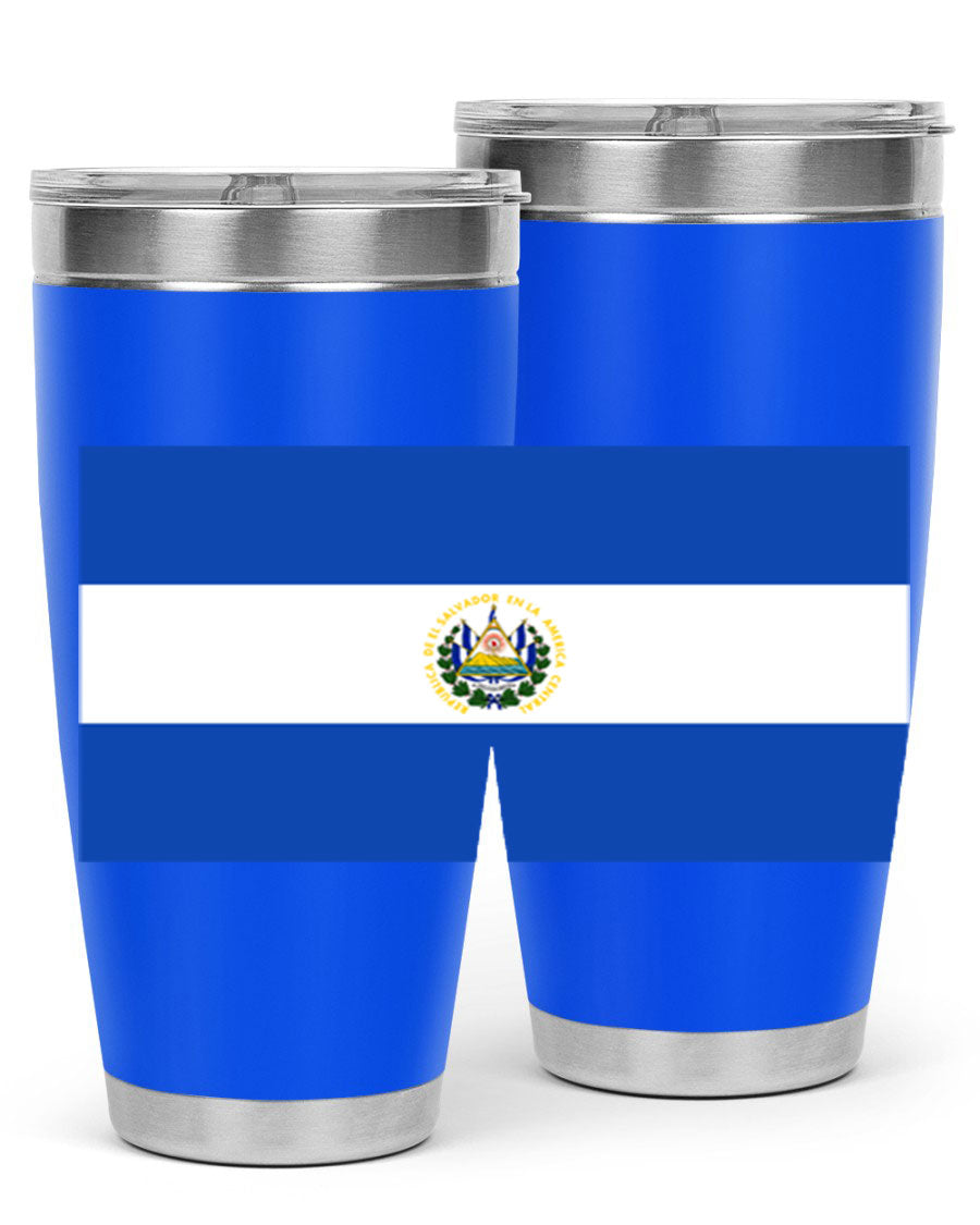El Salvador 145# Tumbler featuring a vibrant design, double wall vacuum stainless steel construction, and a drink-thru lid.