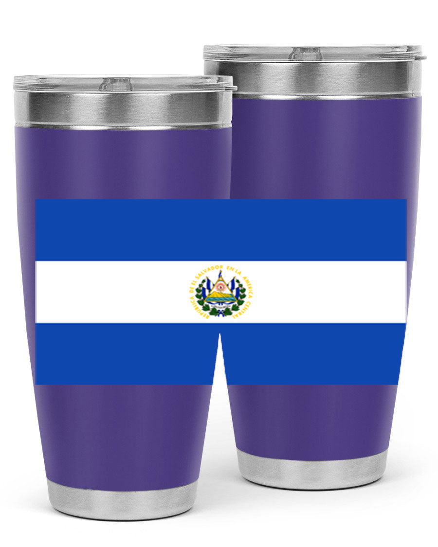El Salvador 145# Tumbler featuring a vibrant design, double wall vacuum stainless steel construction, and a drink-thru lid.