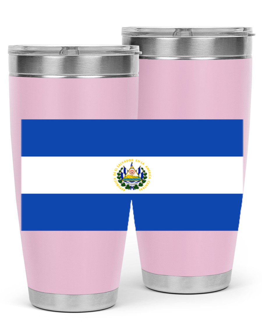 El Salvador 145# Tumbler featuring a vibrant design, double wall vacuum stainless steel construction, and a drink-thru lid.