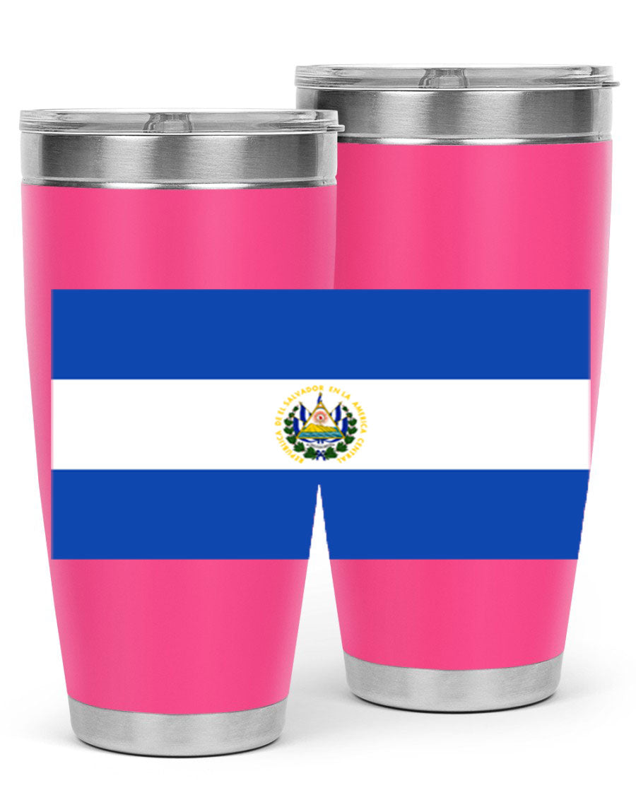 El Salvador 145# Tumbler featuring a vibrant design, double wall vacuum stainless steel construction, and a drink-thru lid.