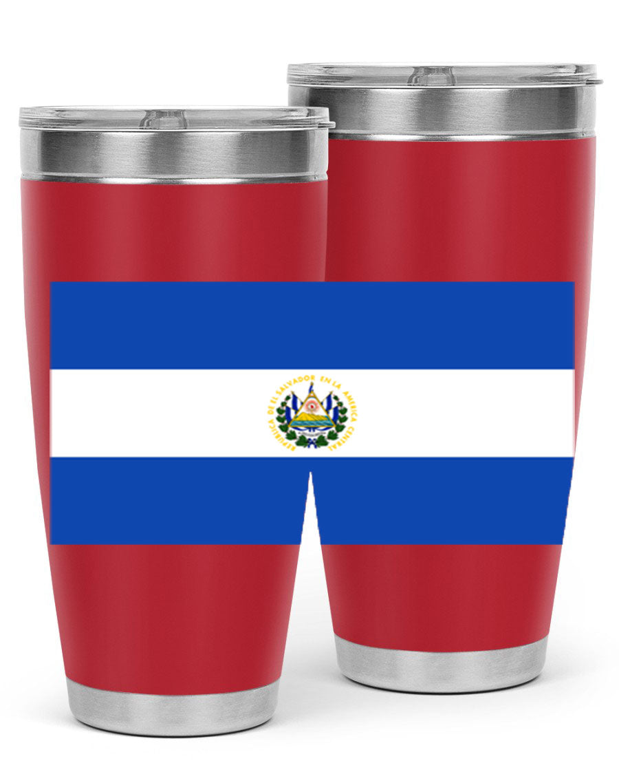 El Salvador 145# Tumbler featuring a vibrant design, double wall vacuum stainless steel construction, and a drink-thru lid.
