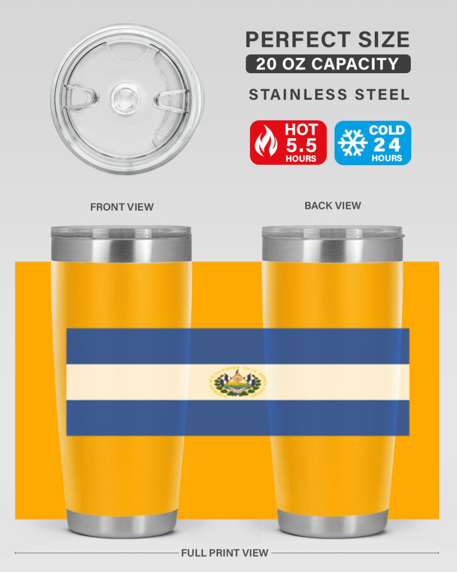 El Salvador 145# Tumbler featuring a vibrant design, double wall vacuum stainless steel construction, and a drink-thru lid.
