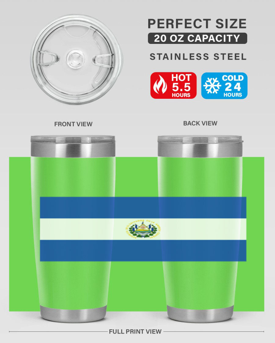El Salvador 145# Tumbler featuring a vibrant design, double wall vacuum stainless steel construction, and a drink-thru lid.