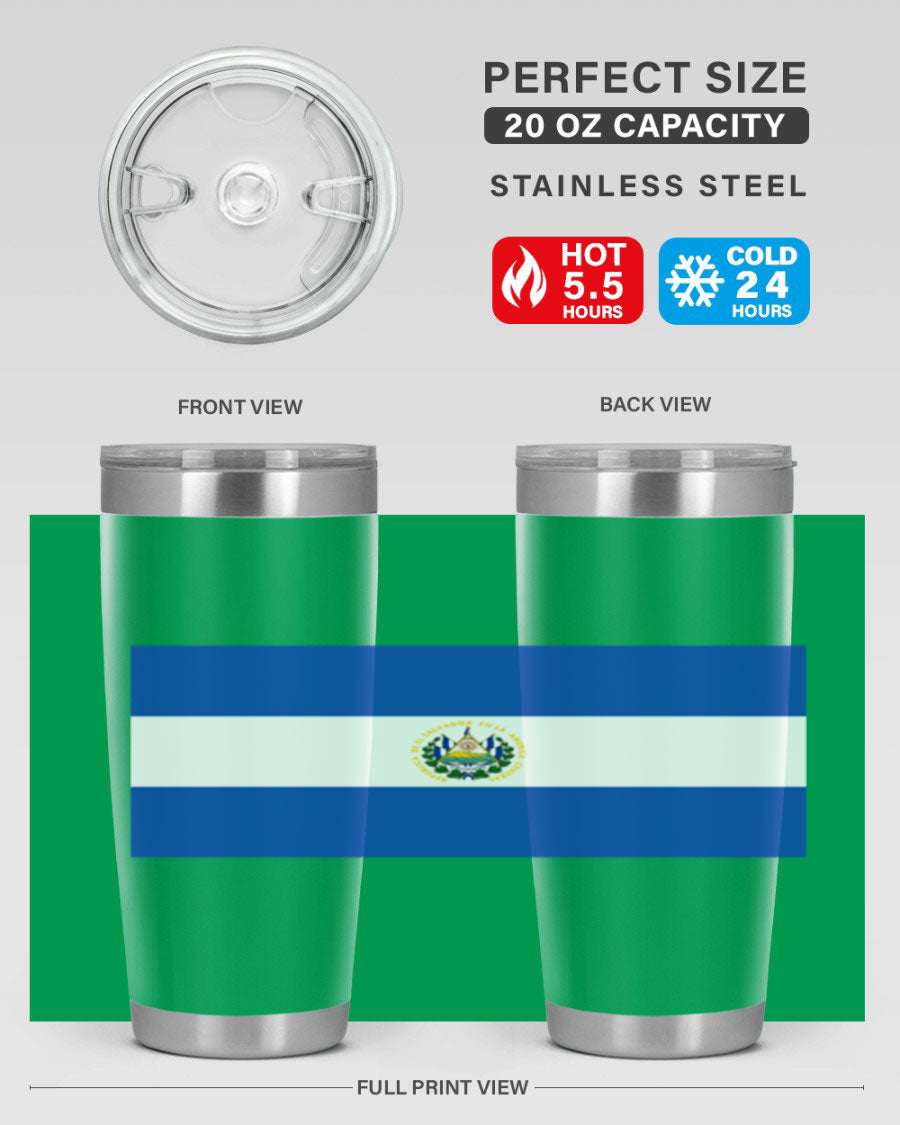 El Salvador 145# Tumbler featuring a vibrant design, double wall vacuum stainless steel construction, and a drink-thru lid.