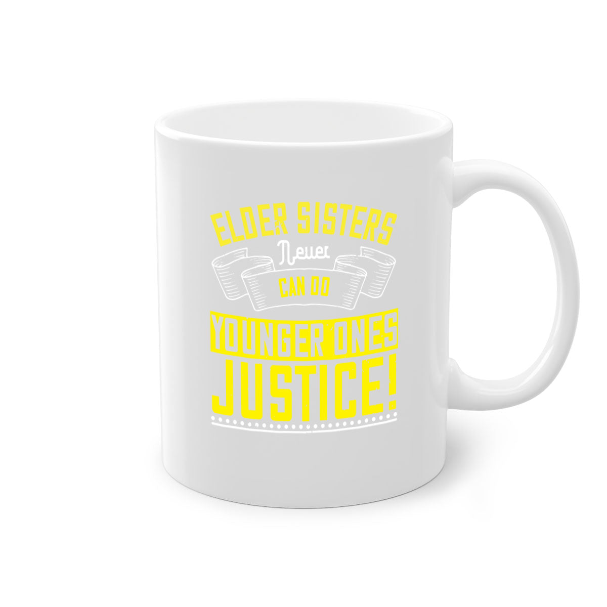 A stylish two-tone ceramic mug with a colored handle and interior, featuring the phrase 'elder sisters never can do younger ones justice' in a glossy finish.