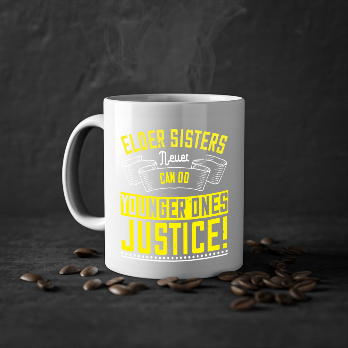 A stylish two-tone ceramic mug with a colored handle and interior, featuring the phrase 'elder sisters never can do younger ones justice' in a glossy finish.