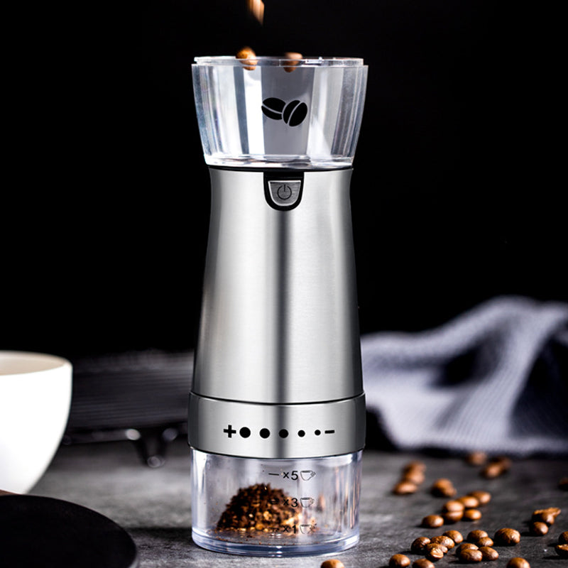 Electric Coffee Grinder made of stainless steel, featuring USB charging and a sleek design, ideal for grinding coffee beans and spices.