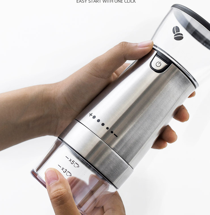 Electric Coffee Grinder made of stainless steel, featuring USB charging and a sleek design, ideal for grinding coffee beans and spices.