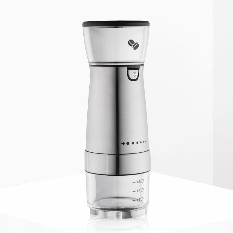 Electric Coffee Grinder made of stainless steel, featuring USB charging and a sleek design, ideal for grinding coffee beans and spices.