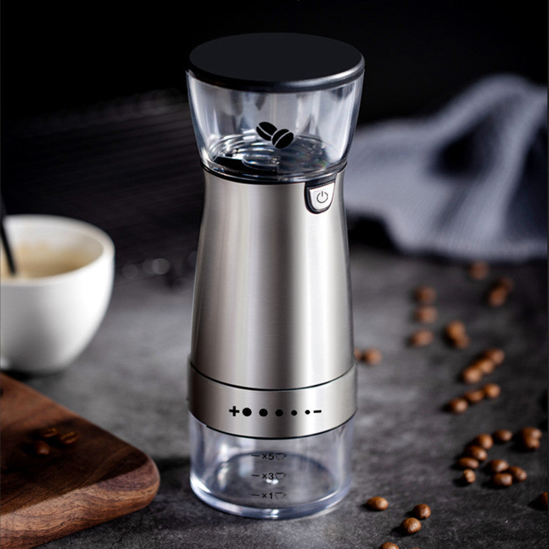 Electric Coffee Grinder made of stainless steel, featuring USB charging and a sleek design, ideal for grinding coffee beans and spices.