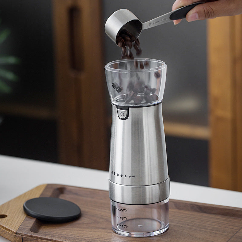 Electric Coffee Grinder made of stainless steel, featuring USB charging and a sleek design, ideal for grinding coffee beans and spices.