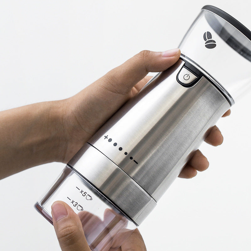 Electric Coffee Grinder made of stainless steel, featuring USB charging and a sleek design, ideal for grinding coffee beans and spices.