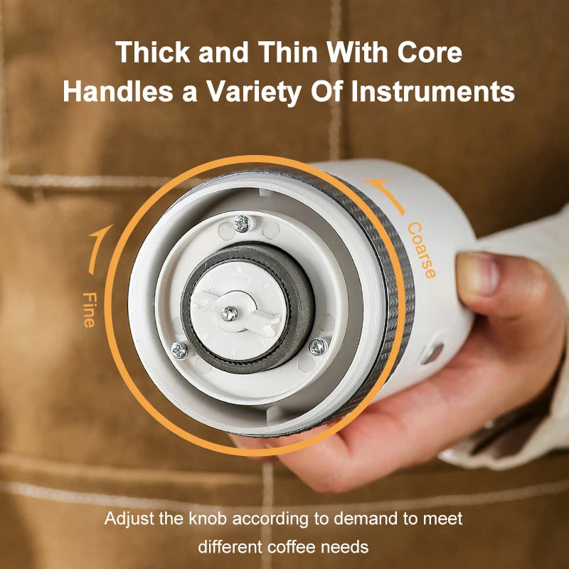 Electric Coffee Grinder in dark grey with USB charging, showcasing its compact design and ceramic grinding core.