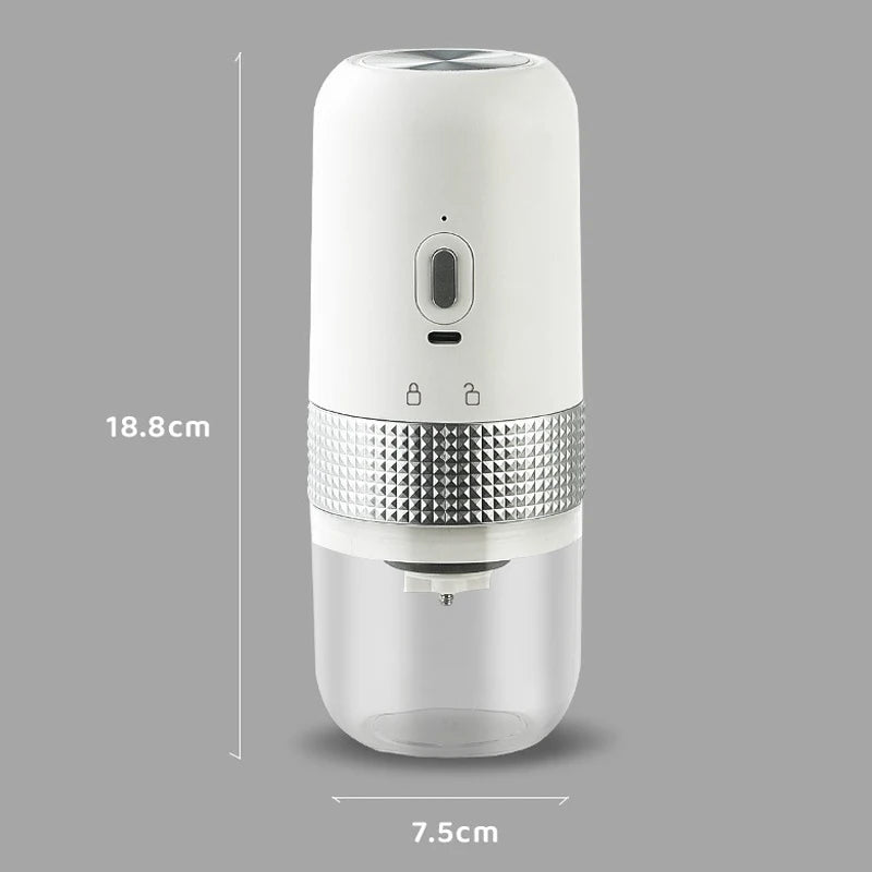Electric Coffee Grinder in dark grey with USB charging, showcasing its compact design and ceramic grinding core.