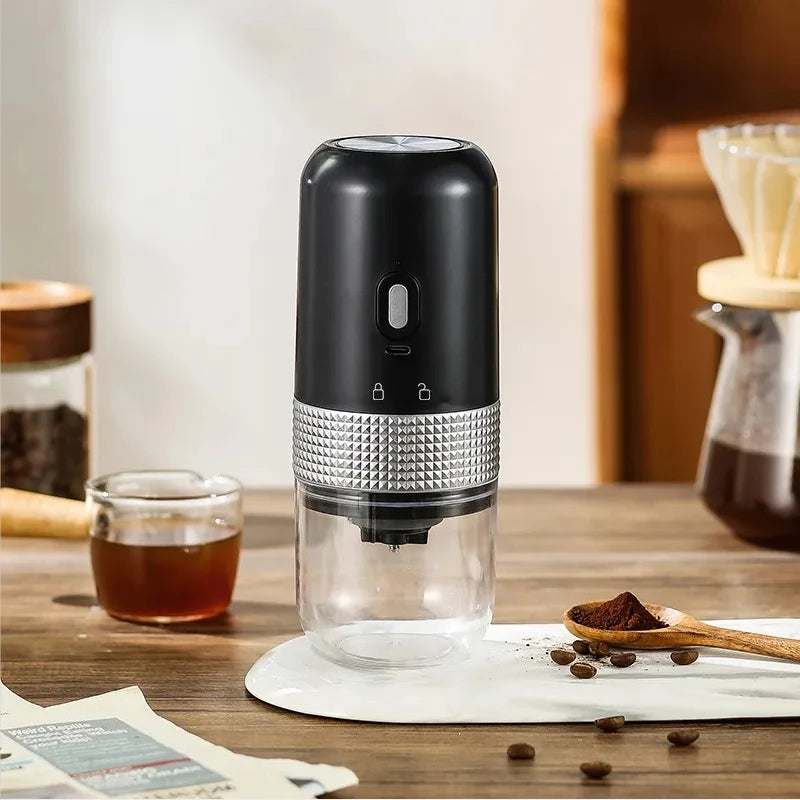 Electric Coffee Grinder in dark grey with USB charging, showcasing its compact design and ceramic grinding core.