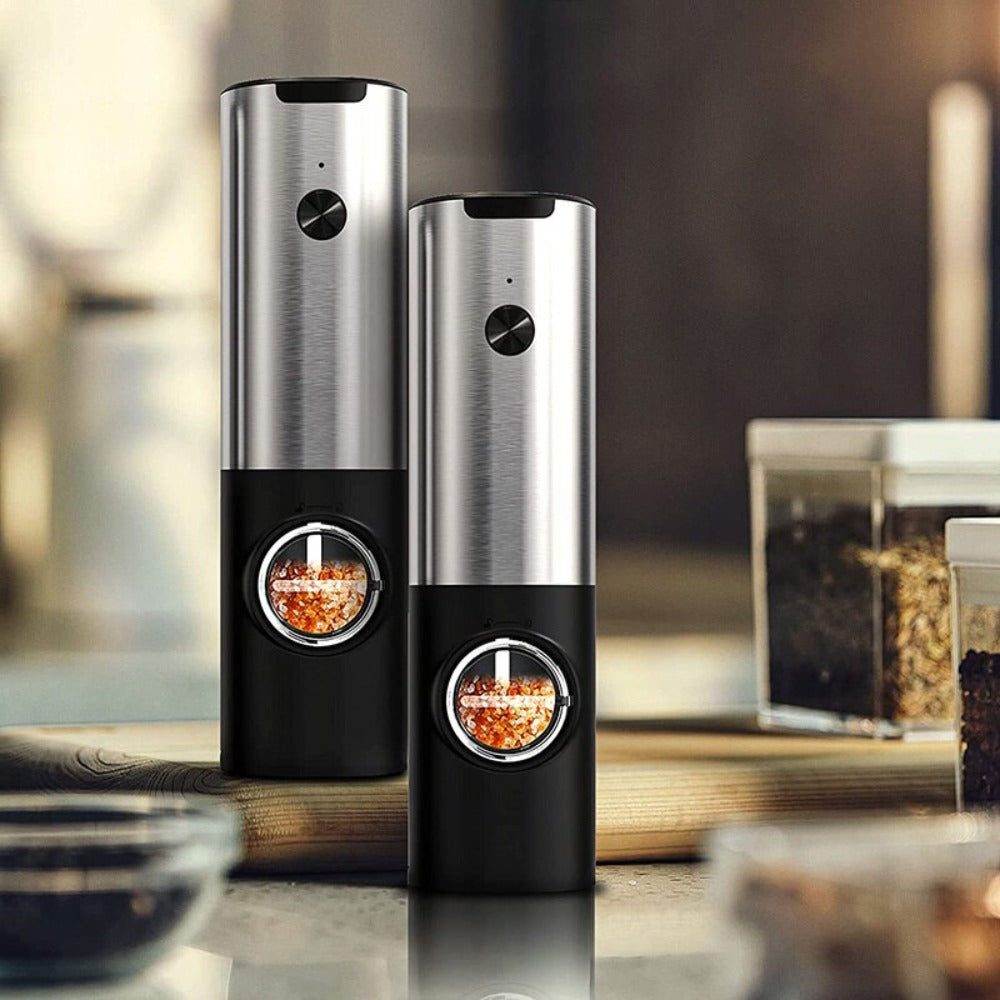 Electric Salt Grinder 2 Bottles Set featuring sleek design and adjustable coarseness for effortless seasoning.
