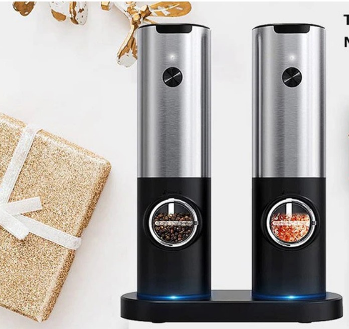 Electric Salt Grinder 2 Bottles Set featuring sleek design and adjustable coarseness for effortless seasoning.