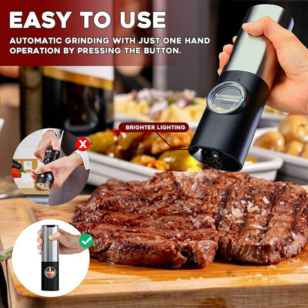 Electric Salt Grinder 2 Bottles Set featuring sleek design and adjustable coarseness for effortless seasoning.