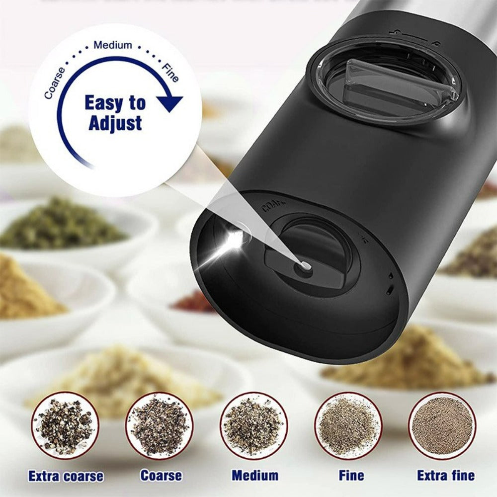 Electric Salt Grinder 2 Bottles Set featuring sleek design and adjustable coarseness for effortless seasoning.